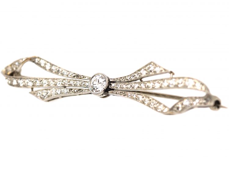Art Deco 18ct White Gold & Platinum, Diamond Bow Brooch in Original Case
