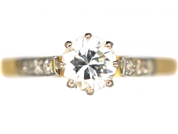 18ct Gold & Platinum, Single Stone Diamond Ring with Diamond Set Shoulders
