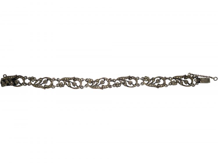 Art Deco Silver & Marcasite Floral Design Bracelet