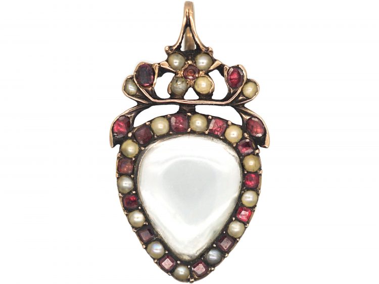Georgian Heart Shaped Pendant set with Garnets & Natural Split Pearls with Hinged Locket on the Reverse