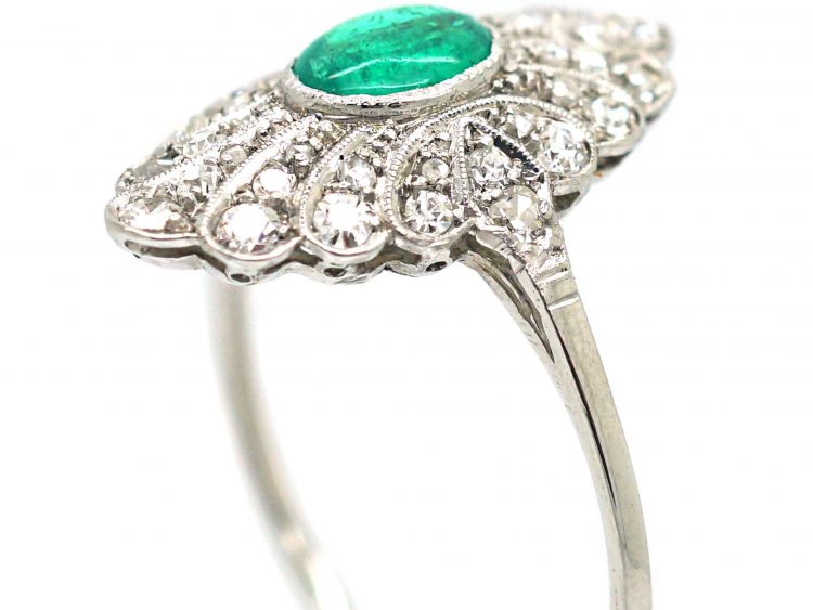 Edwardian Platinum, Cabochon Emerald & Diamond Feathered Ring