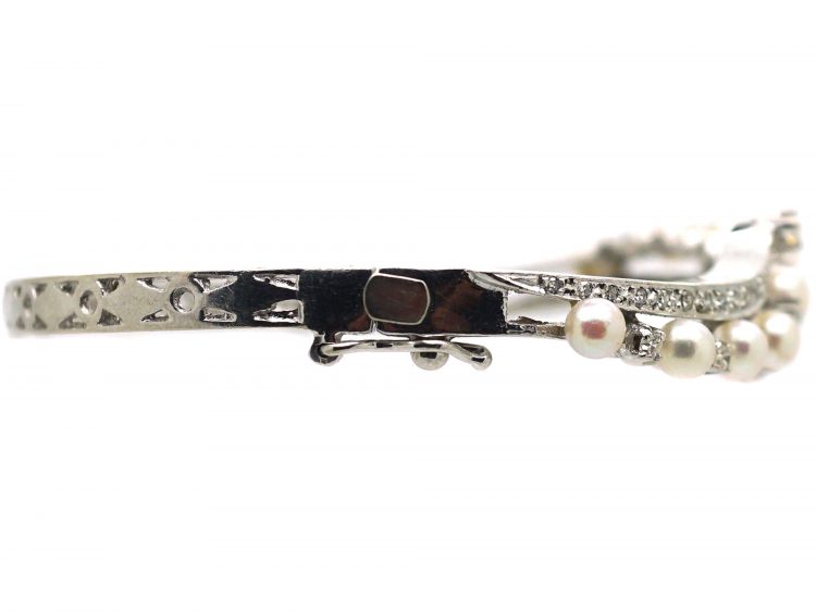 14ct White Gold Diamond & Pearl Crossover Bangle