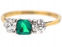Art Deco 18ct & Platinum, Emerald & Diamond Three Stone Ring