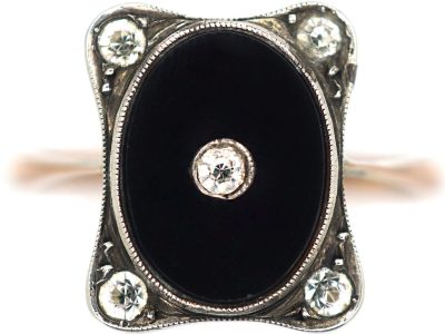 Art Deco 9ct Gold & Silver, Onyx & Paste Ring