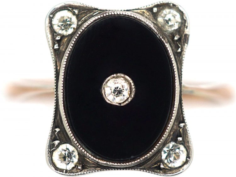 Art Deco 9ct Gold & Silver, Onyx & Paste Ring