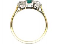 Art Deco 18ct & Platinum, Emerald & Diamond Three Stone Ring