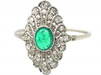 Edwardian Platinum, Cabochon Emerald & Diamond Feathered Ring