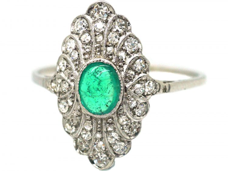Edwardian Platinum, Cabochon Emerald & Diamond Feathered Ring