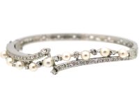 14ct White Gold Diamond & Pearl Crossover Bangle