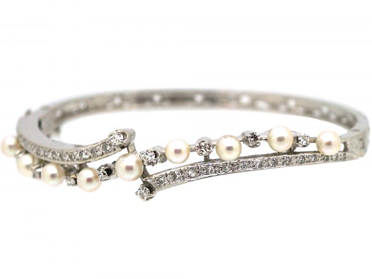 14ct White Gold Diamond & Pearl Crossover Bangle