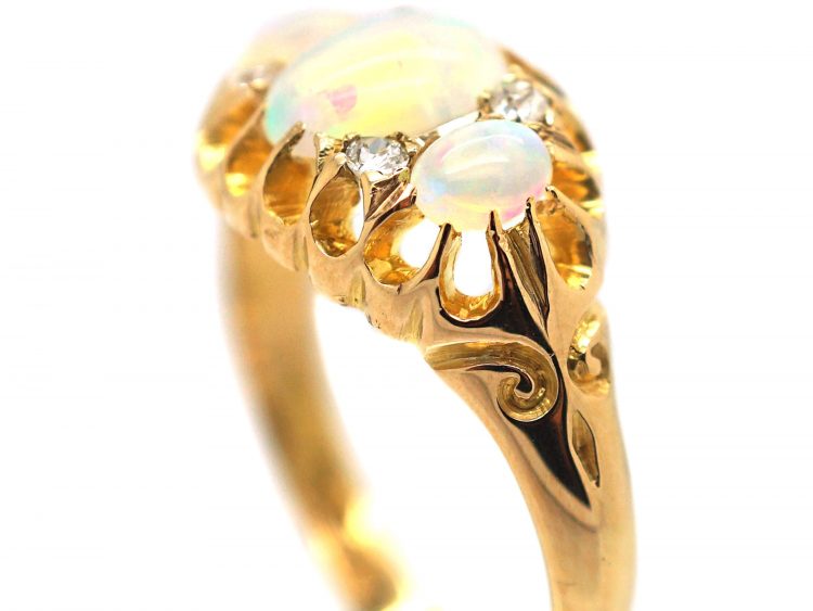 Edwardian 18ct Gold, Three Stone Opal & Diamond Ring