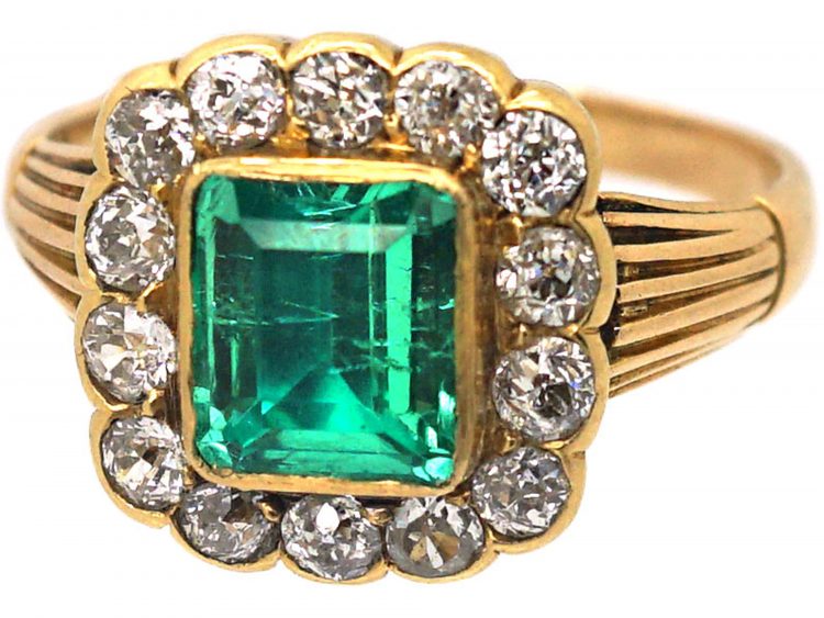 Victorian 15ct Gold, Emerald & Diamond Rectangular Cluster Ring