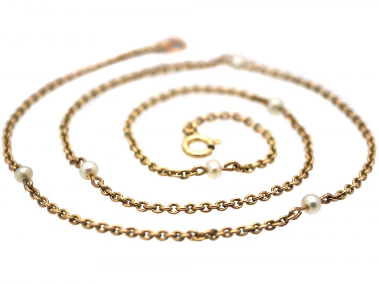 Edwardian 15ct Gold & Natural Pearl Trace Link Chain with 9ct Gold Clasp