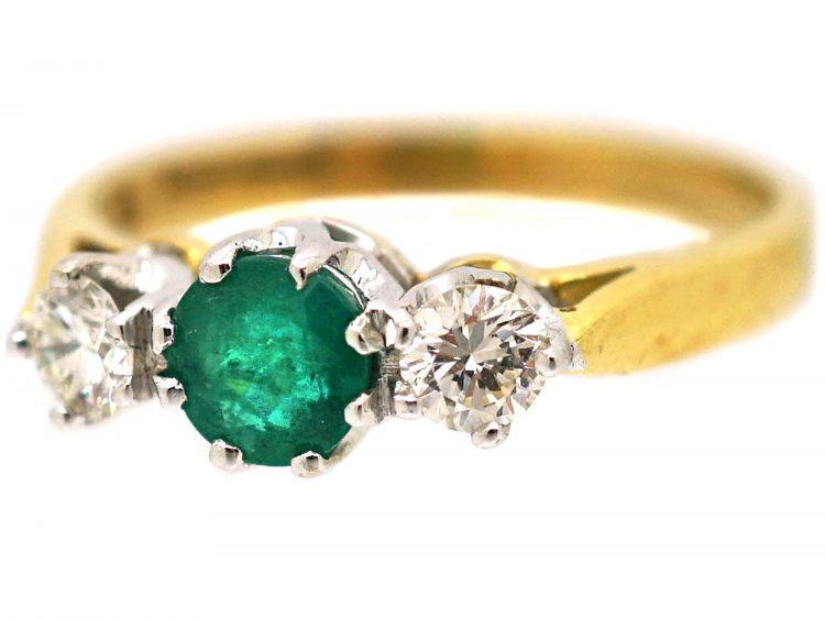 18ct Gold Three Stone Emerald & Diamond Ring