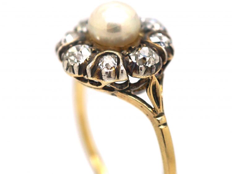 Edwardian 18ct Gold & Silver, Pearl & Diamond Cluster Ring
