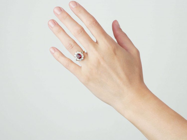 French 18ct Gold, Ruby & Diamond Cluster Ring with Diamond Set Shoulders