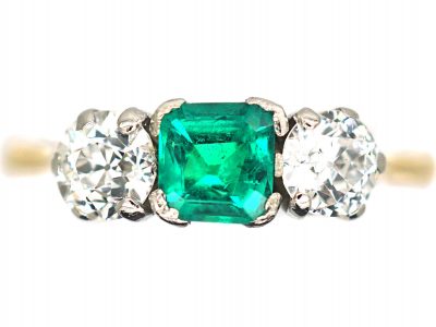Art Deco 18ct & Platinum, Emerald & Diamond Three Stone Ring