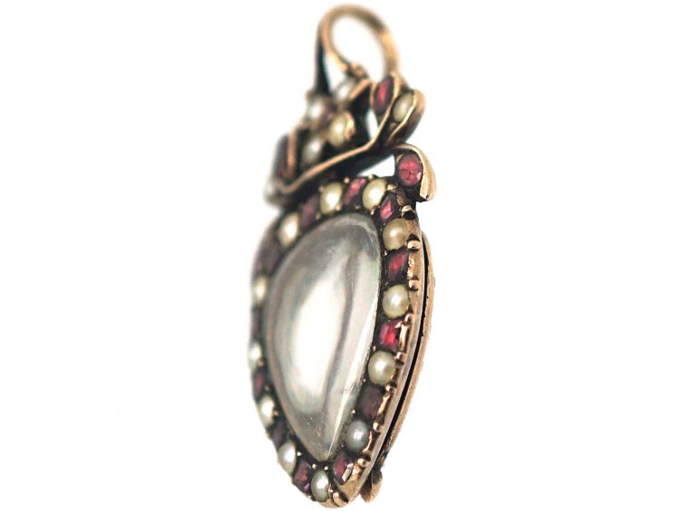 Georgian Heart Shaped Pendant set with Garnets & Natural Split Pearls with Hinged Locket on the Reverse