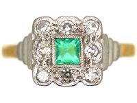 Art Deco 18ct & Platinum, Emerald & Diamond Square Shaped Ring