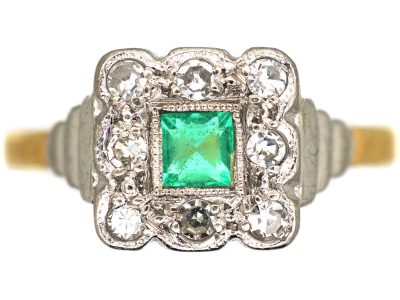 Art Deco 18ct & Platinum, Emerald & Diamond Square Shaped Ring
