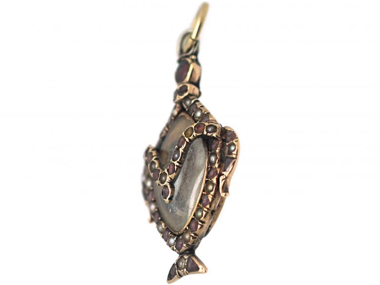 Georgian Urn Shaped Pendant set with Natural Split Pearls & Garnets with Hinged Locket on the Reverse