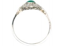 Edwardian Platinum, Cabochon Emerald & Diamond Feathered Ring