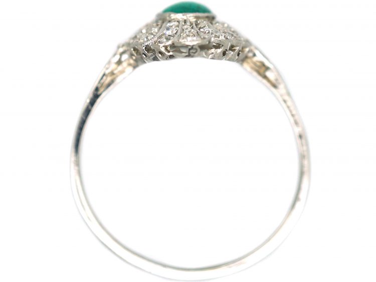 Edwardian Platinum, Cabochon Emerald & Diamond Feathered Ring