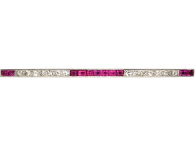 Art Deco 14ct Gold & Platinum Ruby & Diamond Bar Brooch