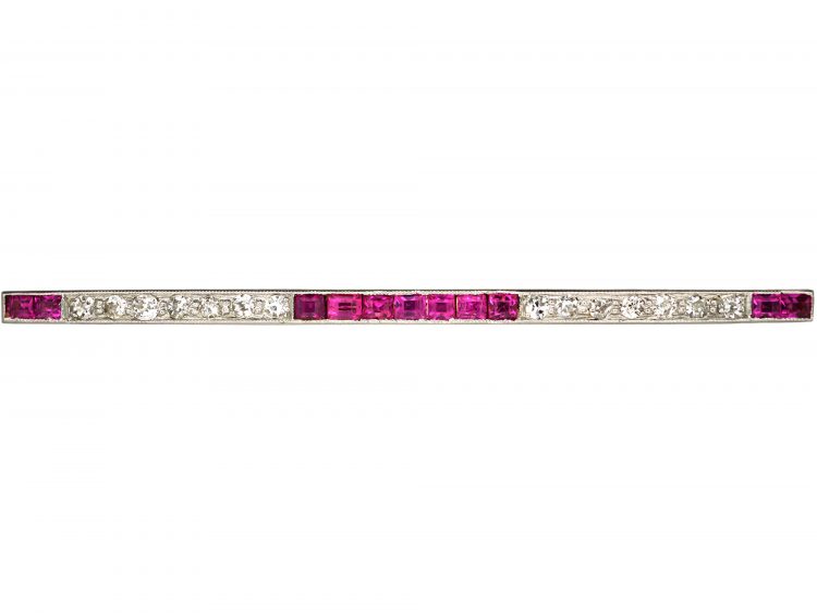 Art Deco 14ct Gold & Platinum Ruby & Diamond Bar Brooch