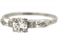 Art Deco Platinum & Diamond Solitaire Ring with Geometric Diamond Set Shoulders