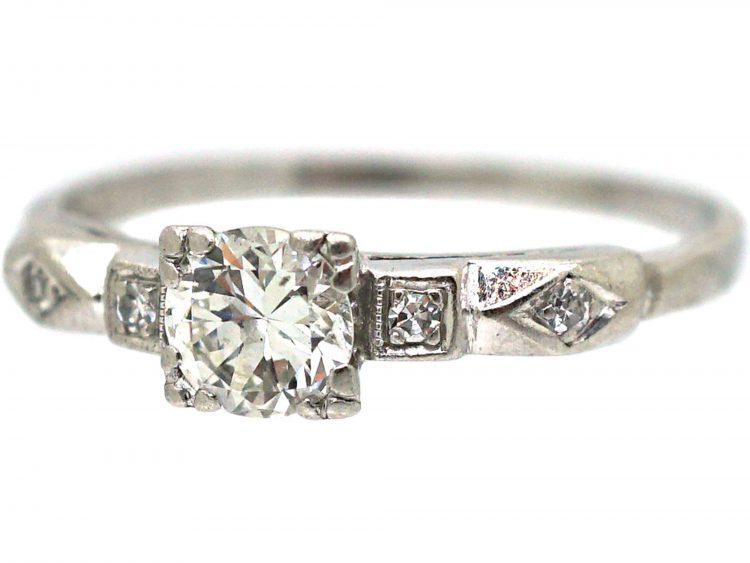 Art Deco Platinum & Diamond Solitaire Ring with Geometric Diamond Set Shoulders