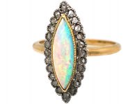 French 18ct Gold Belle Epoque Opal & Rose Diamond Marquise Ring