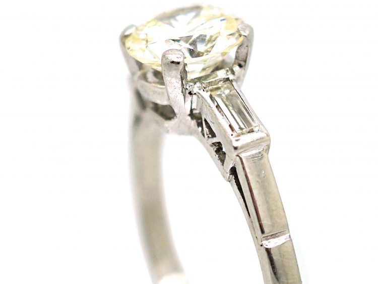 Art Deco Platinum, Diamond Solitaire Ring with Baguette Diamond Shoulders