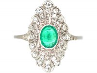 Edwardian Platinum, Cabochon Emerald & Diamond Feathered Ring