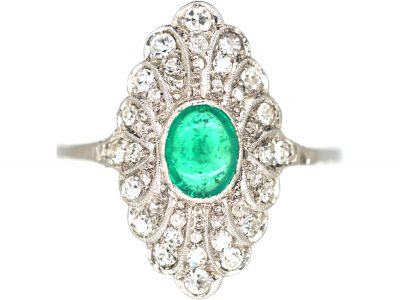 Edwardian Platinum, Cabochon Emerald & Diamond Feathered Ring