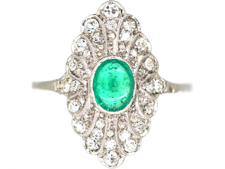 Edwardian Platinum, Cabochon Emerald & Diamond Feathered Ring