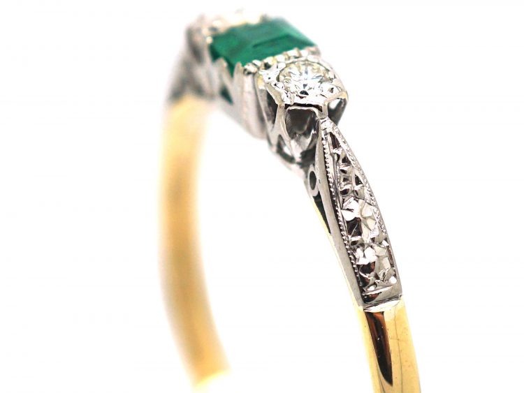 Art Deco 18ct Gold & Platinum, Three Stone Emerald & Diamond Ring