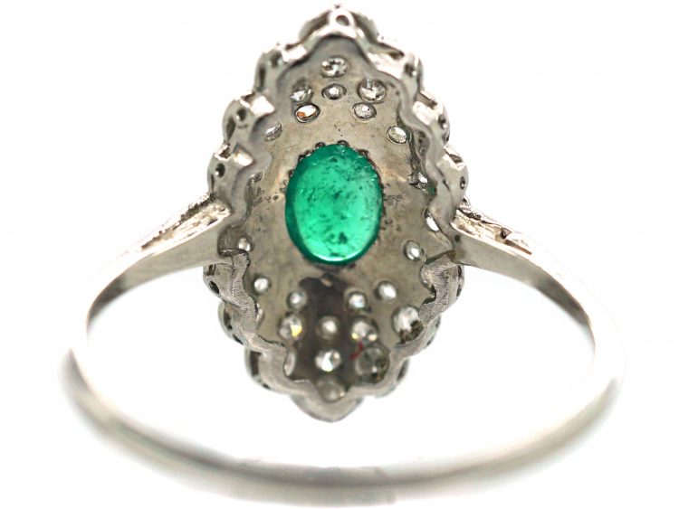 Edwardian Platinum, Cabochon Emerald & Diamond Feathered Ring