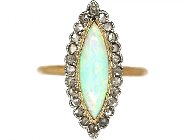 French 18ct Gold Belle Epoque Opal & Rose Diamond Marquise Ring