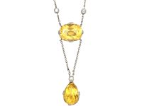 Edwardian 18ct White Gold, Citrine & Diamond Pendant on 18ct White Gold Chain