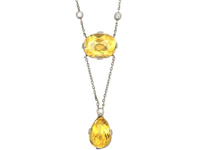 Edwardian 18ct White Gold, Citrine & Diamond Pendant on 18ct White Gold Chain