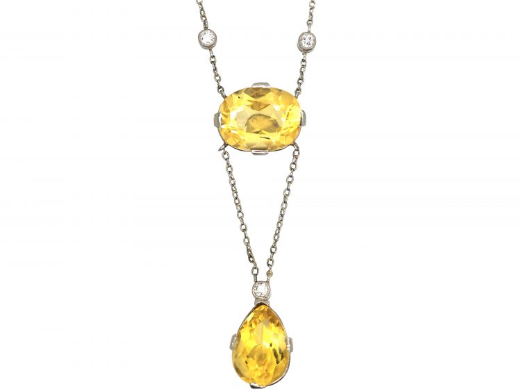 Edwardian 18ct White Gold, Citrine & Diamond Pendant on 18ct White Gold Chain