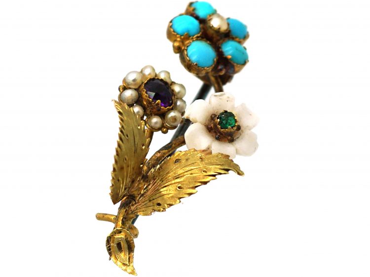 Regency 15ct Gold Flower Spray Brooch set with Turquoise, White Coral, Natural Split Pearl, Amethyst & an Emerald