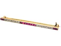 Art Deco 14ct Gold & Platinum Ruby & Diamond Bar Brooch