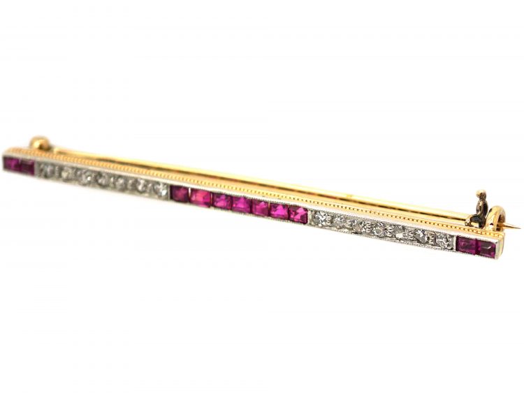 Art Deco 14ct Gold & Platinum Ruby & Diamond Bar Brooch
