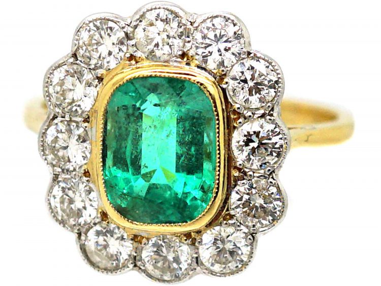 18ct Gold & Platinum, Emerald & Diamond Cluster Ring