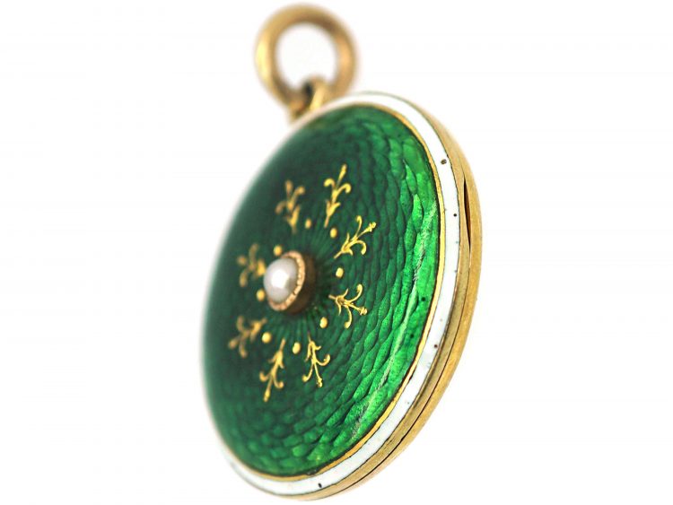 Edwardian 18ct Gold Green & White Enamel Round Locket with Natural Split Pearl in the Centre