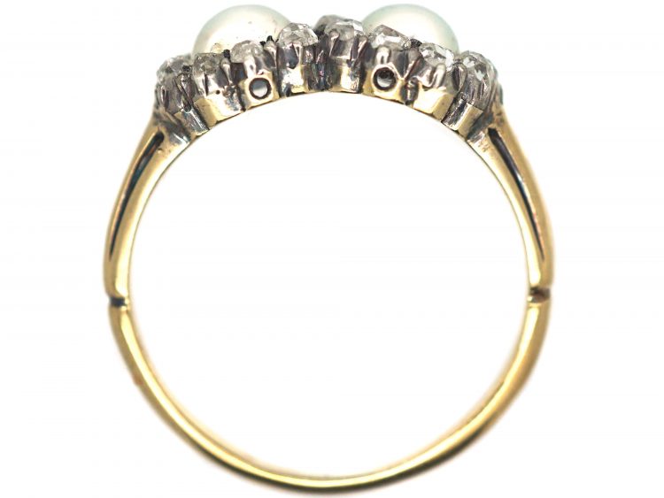 Victorian 18ct Gold Double Heart Ring set with Natural Pearls & Rose Diamonds