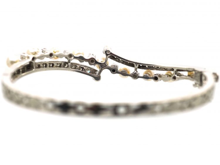 14ct White Gold Diamond & Pearl Crossover Bangle