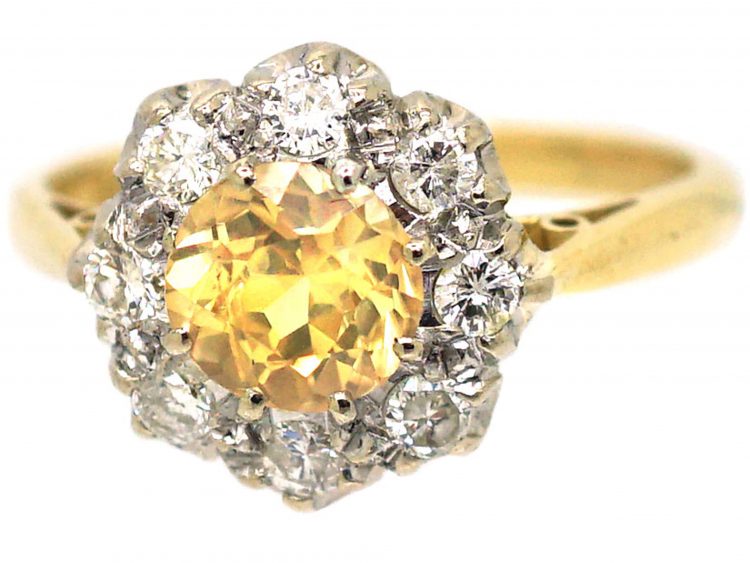 18ct Gold & Platinum, Yellow Sapphire & Diamond Cluster Ring